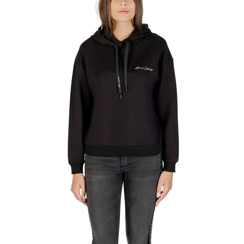Armani Exchange women black hooded sweatshirt with gold embroidery and matching drawstrings on chest