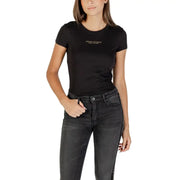 Armani Exchange women black short sleeve cotton t shirt with gold lettering printed across the chest