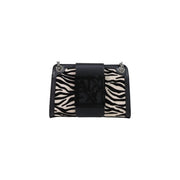 Armani Exchange women black shoulder bag with zebra-print polyester body and black leather flap featuring logo
