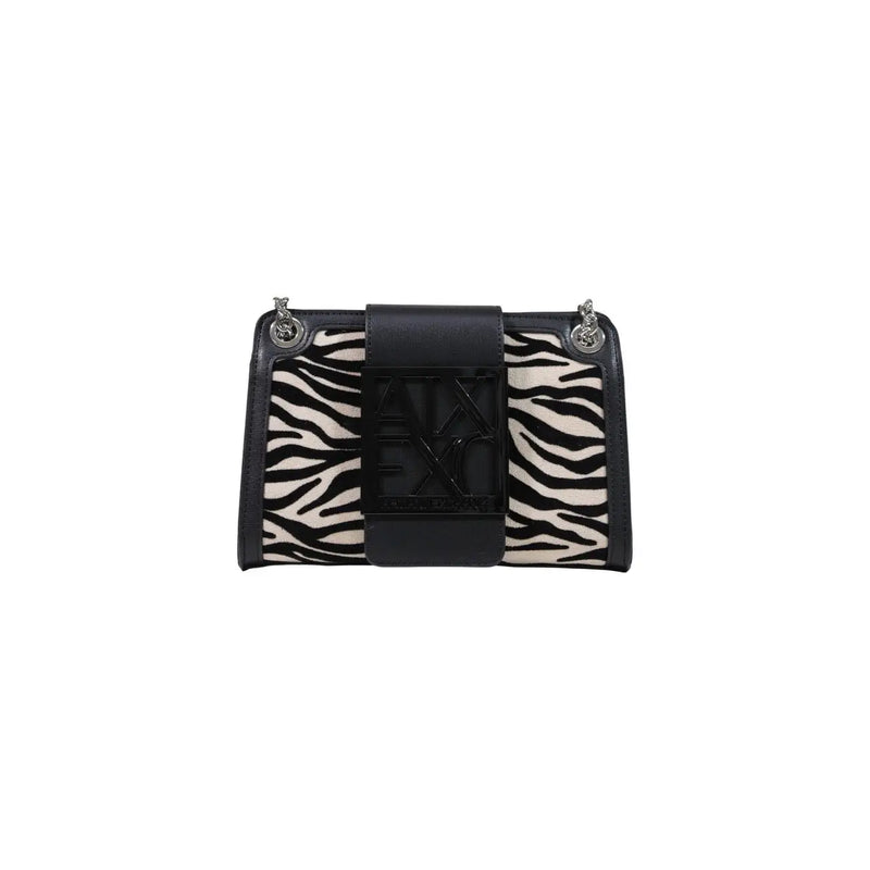 Armani Exchange women black shoulder bag with zebra-print polyester body and black leather flap featuring logo