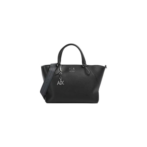 Armani Exchange Schwarze Damen-Tragetasche aus Polyurethan mit silberfarbenen Logo-Beschlägen und abnehmbarem Schulterriemen