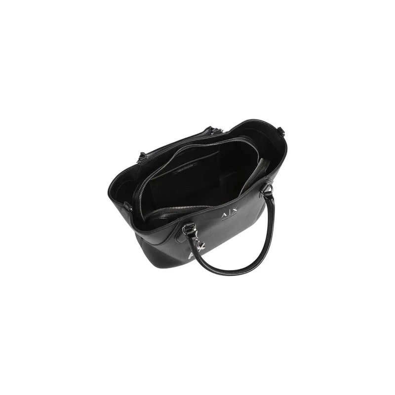 Armani Exchange women black leather tote bag with sleek minimalist design and silver-tone hardware polyuethane