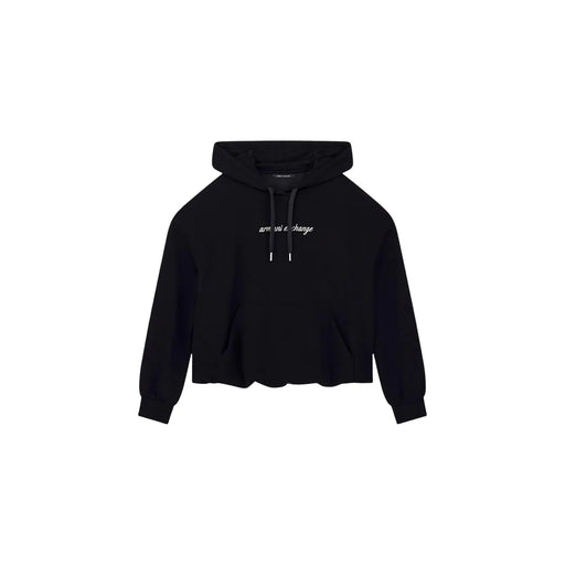 Armani Exchange women black cropped hooded viscose sweatshirt with white embroidered logo and matching drawstrings