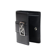 Armani Exchange women black leather wallet with silver-toned ax logo buckle and multiple pockets 11x9x3 cm