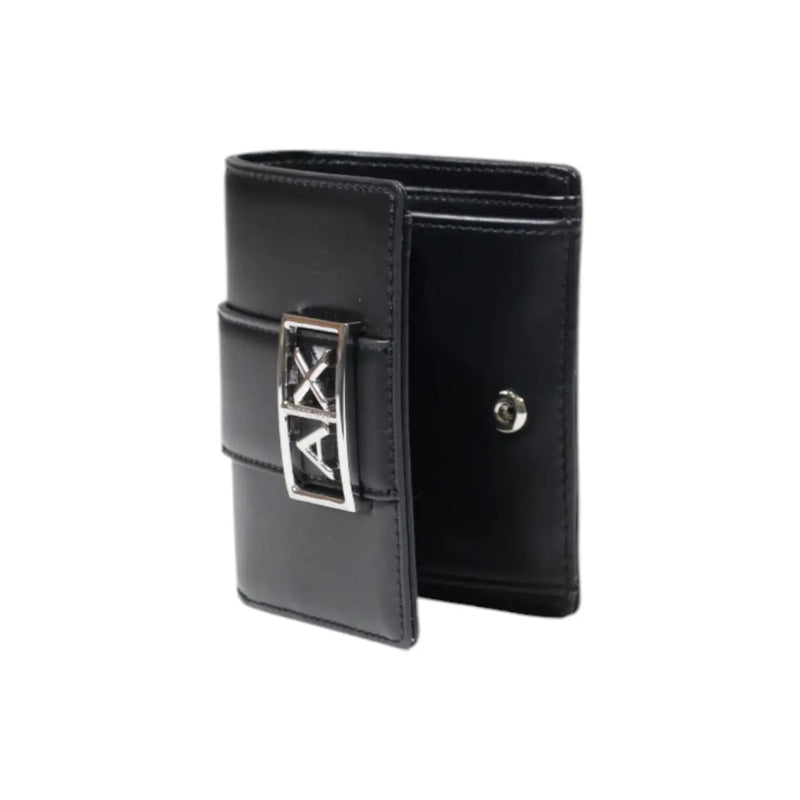 Armani Exchange women black leather wallet with silver-toned ax logo buckle and multiple pockets 11x9x3 cm
