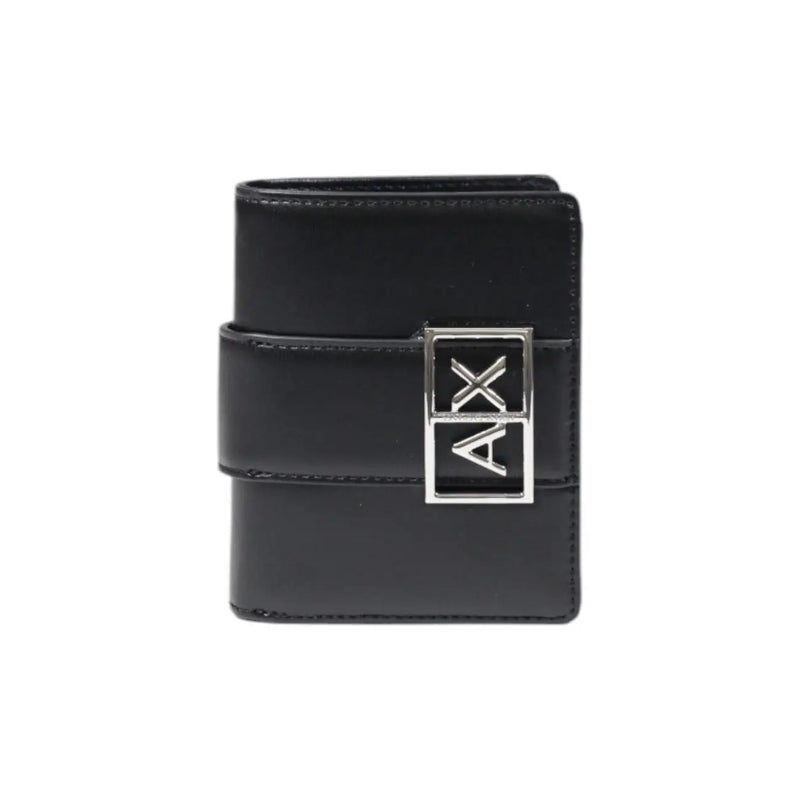 Armani Exchange women black leather wallet with pockets and silver-toned ax logo buckle 11x9x3 cm
