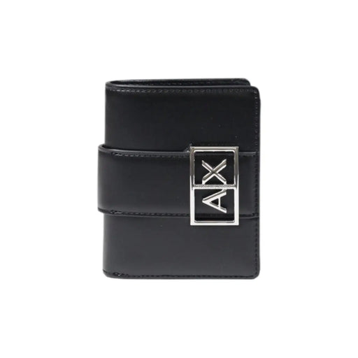 Armani Exchange women black leather wallet with pockets and silver-toned ax logo buckle 11x9x3 cm