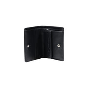 Armani Exchange women black leather tri-fold wallet with silver snap buttons and embossed logo on inner flap