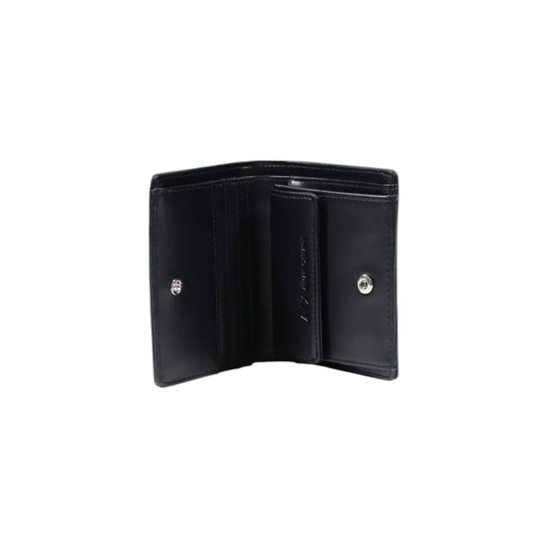 Armani Exchange women black leather tri-fold wallet with silver snap buttons and embossed logo on inner flap