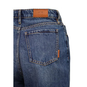 Dunkelblaue Baumwolle Armani Exchange Damenjeans, die die Rückseite mit einem braunen Leder-Markenpatch mit der Aufschrift „a/x“ zeigt.