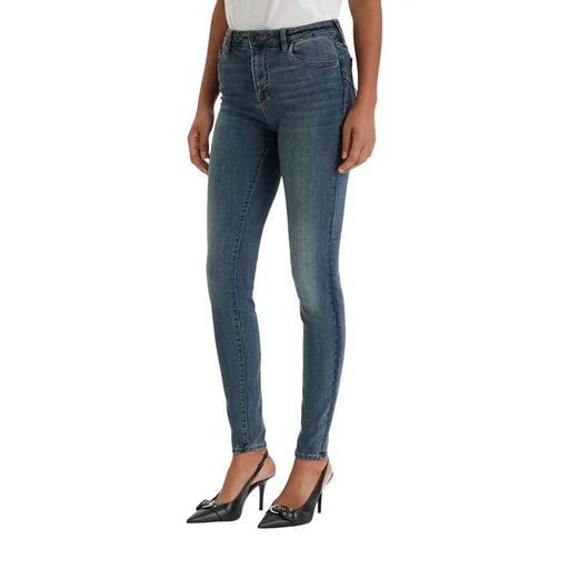 Armani Exchange Damen-Jeans aus blauem Stretch-Denim, hochgeschnitten, schmal geschnitten, mittelblaue Waschung mit dezenten Auswaschungen und Used-Effekten