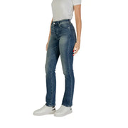 Armani Exchange women blue high-waisted straight-leg denim jeans with zip button and worn out effect