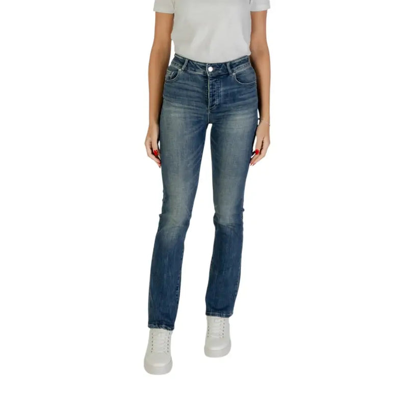 Blue denim high-waisted skinny jeans with button fly and worn-out effect by Armani Exchange