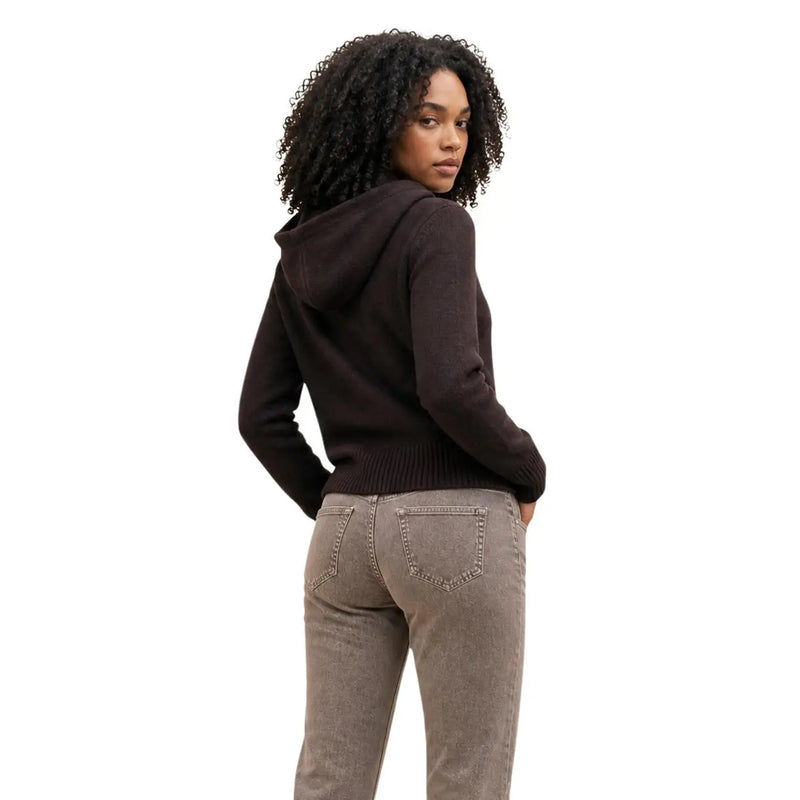 Armani exchange women brown cotton knitwear dark brown long-sleeved knit hoodie with ribbed hem and cuffs