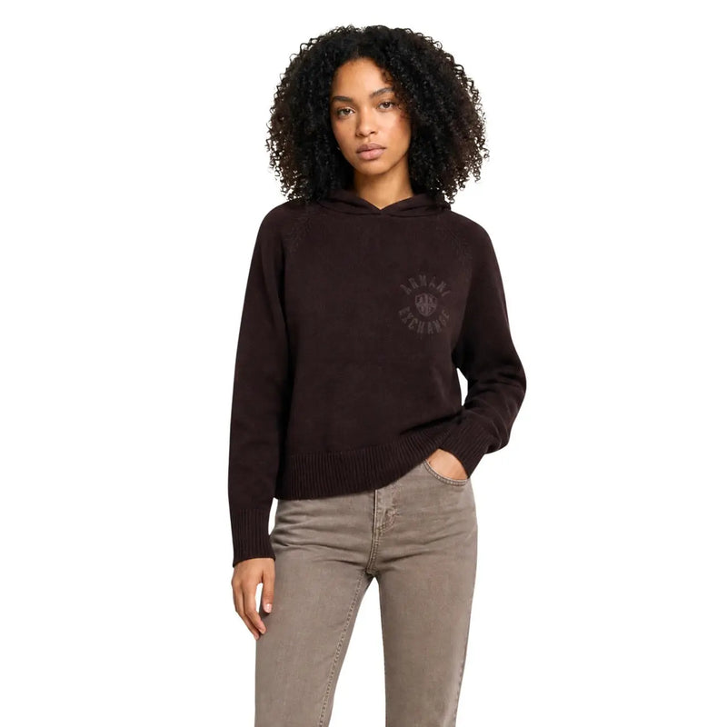Armani Exchange women brown cotton knitwear dark brown knit hoodie with subtle circular logo on the chest
