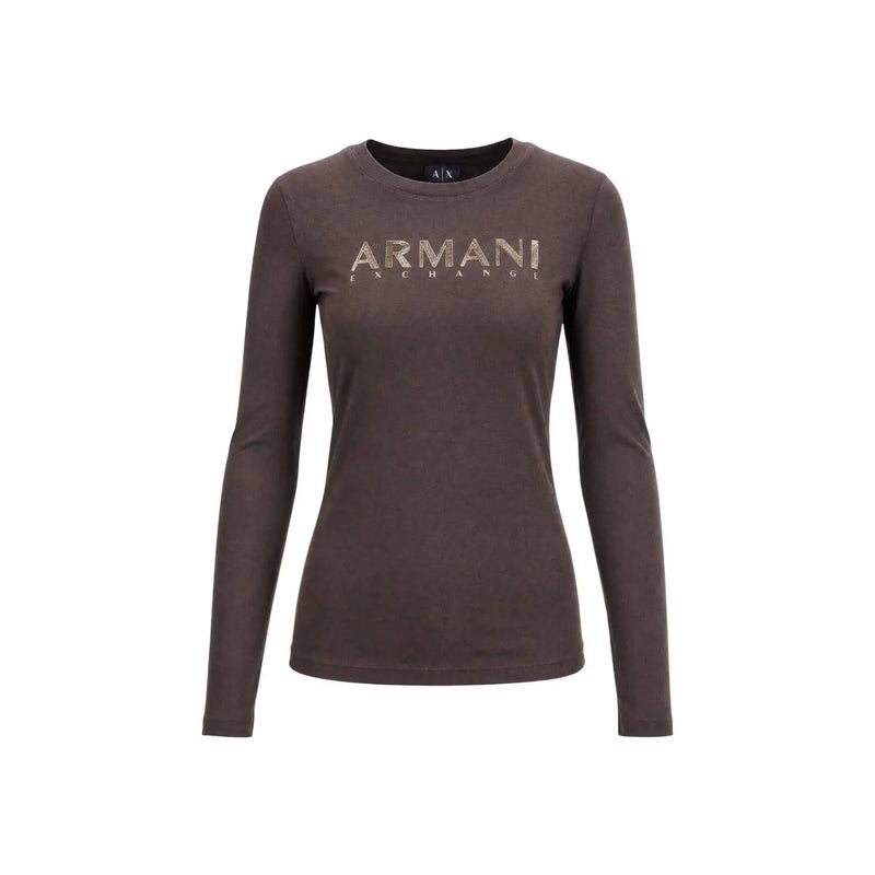Armani Exchange women brown cotton long-sleeved t shirt with metallic silver logo on chest and round neck