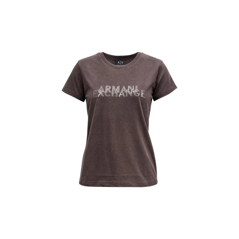 A dark brown armani exchange women cotton round neck t shirt with a silver embellished armani exchange logo across the chest