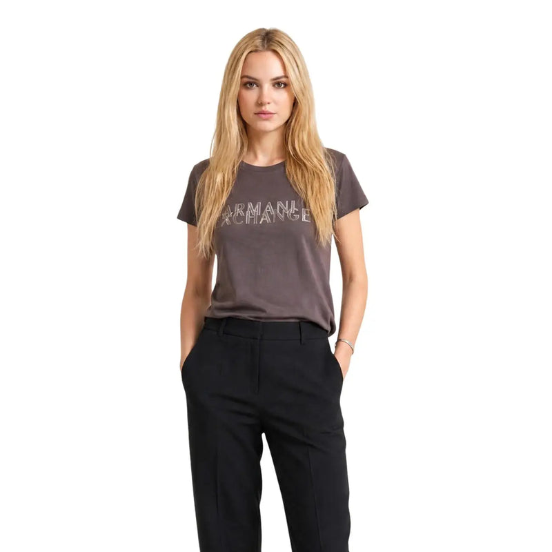 Armani Exchange women brown cotton round neck t shirt with gray fabric and subtle sparkling logo across the chest