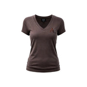 Armani Exchange women brown cotton v neck t shirt with sparkling rhinestone a logo on the left chest