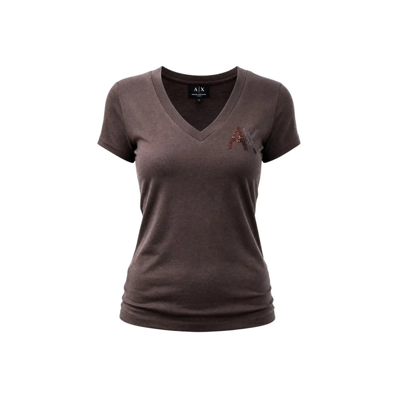 Armani Exchange women brown cotton v neck t shirt with sparkling rhinestone a logo on the left chest