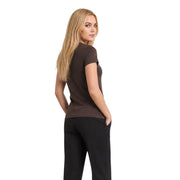 Armani Exchange women brown cotton short-sleeved fitted top with round neckline and sleek silhouette