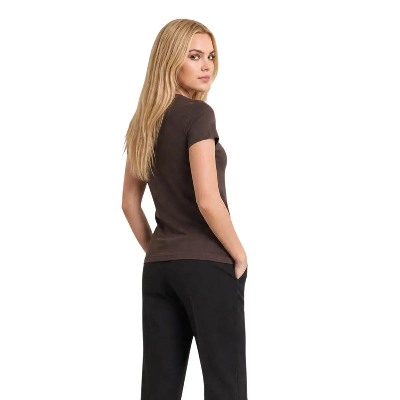 Armani Exchange women brown cotton short-sleeved fitted top with round neckline and sleek silhouette
