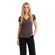 Armani Exchange women brown cotton v neck t shirt with dark gray short sleeves and subtle embroidered logo on left chest