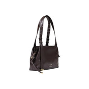 Armani Exchange women brown polyester shoulder bag with dark brown leather perforated straps and gold-tone ajx logo