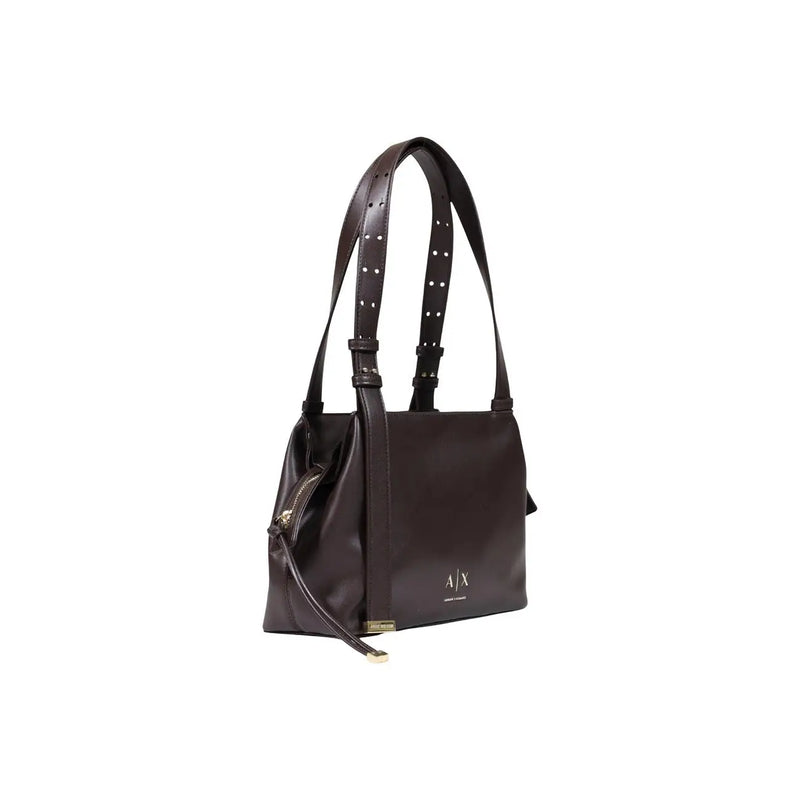 Armani Exchange women brown polyester shoulder bag with dark brown leather perforated straps and gold-tone ajx logo