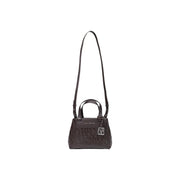 Dark brown leather Armani Exchange women handbag with embossed lettering and silver-tone logo clasp 24 cm