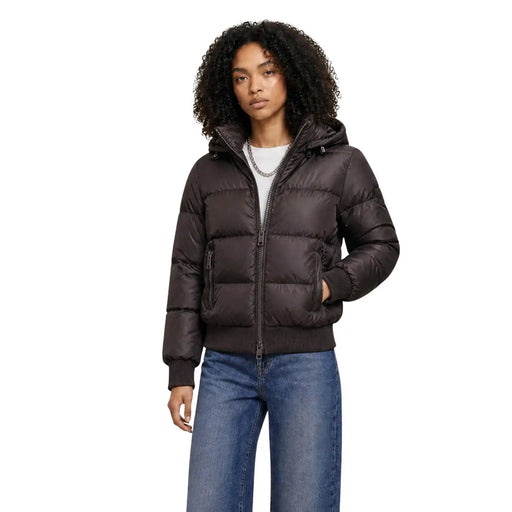 Armani Exchange women brown quilted puffer down jacket with hood and front zipper in dark brown color