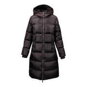 Armani Exchange braune Damen-Daunenjacke mit gesteppter Kapuze und von hinten sichtbarem schwarzem Daunenmantel
