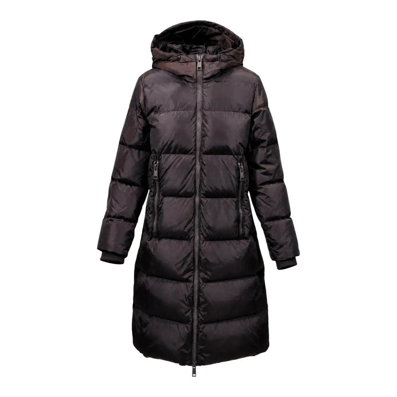 Armani Exchange braune Damen-Daunenjacke mit gesteppter Kapuze und von hinten sichtbarem schwarzem Daunenmantel