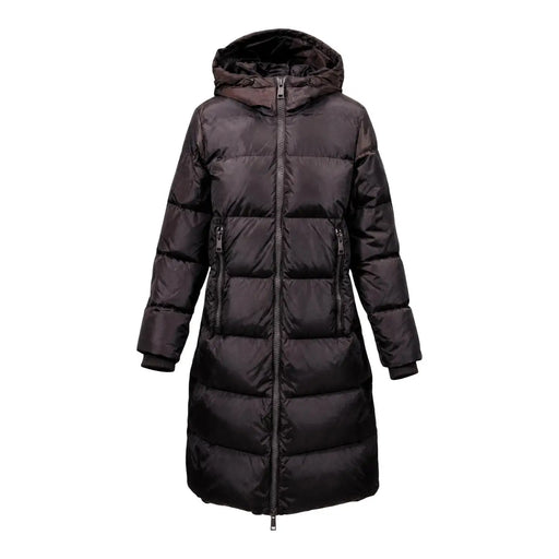 Armani Exchange braune Damen-Daunenjacke mit gesteppter Kapuze und von hinten sichtbarem schwarzem Daunenmantel