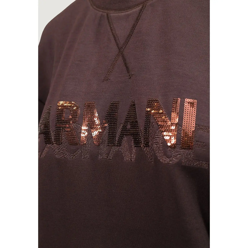 Dark brown armani exchange women sweatshirt in viscose blend featuring bold sequined armani exchange logo in rose gold and black