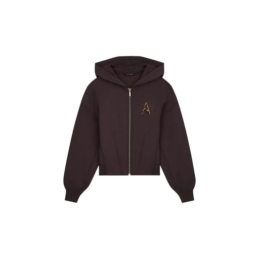 Armani Exchange women brown zip hooded sweatshirt with dark brown fabric and subtle gold embroidered a logo on chest