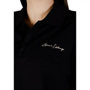 Black Armani Exchange women cotton polo shirt with white embroidered logo on the chest round neck design