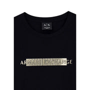 Black Armani Exchange women cotton slim fit t shirt with metallic silver geometric logo and round neck design