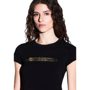 Armani Exchange women cotton round neck black t shirt with gold chain link logo across the chest