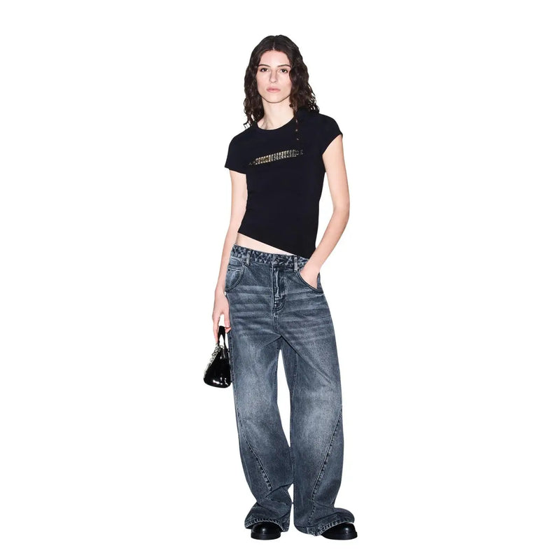 Armani Exchange women cotton black cropped t shirt with gold chain detail across the chest and round neck