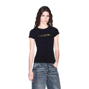 Black armani exchange women cotton round neck t shirt with gold embellished logo across the chest