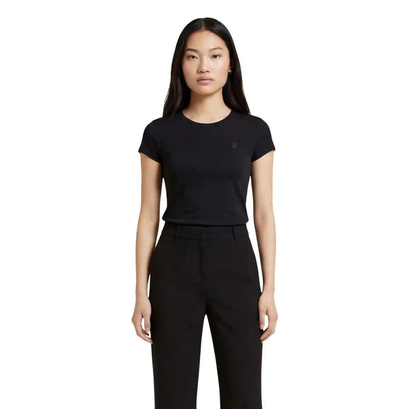 Armani Exchange women black cotton t shirt with short sleeves and subtle embroidered logo on the chest