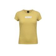 Armani Exchange women yellow cotton short-sleeved t shirt with round neck and white rectangular patch with cursive text