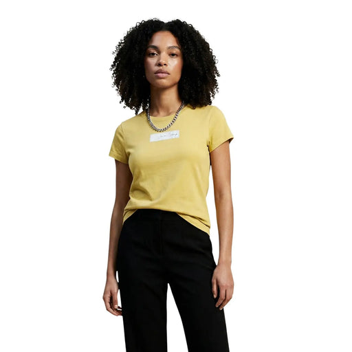 Armani Exchange Gelbes Damen-T-Shirt aus Baumwolle mit Rundhalsausschnitt, kurzen Ärmeln und dezentem weißen rechteckigen Brustetikett