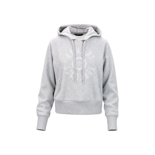Armani Exchange women grey cotton hoodie sweatshirt with subtle textured fabric and white circular logo embroidered on chest