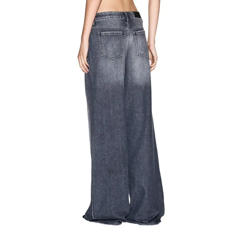Back view of armani exchange women grey cotton wide-leg jeans in faded dark blue denim with classic stitching and pockets