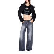 Wide-leg armani exchange women grey cotton jeans with faded dark wash and subtle thigh distressing for fall winter