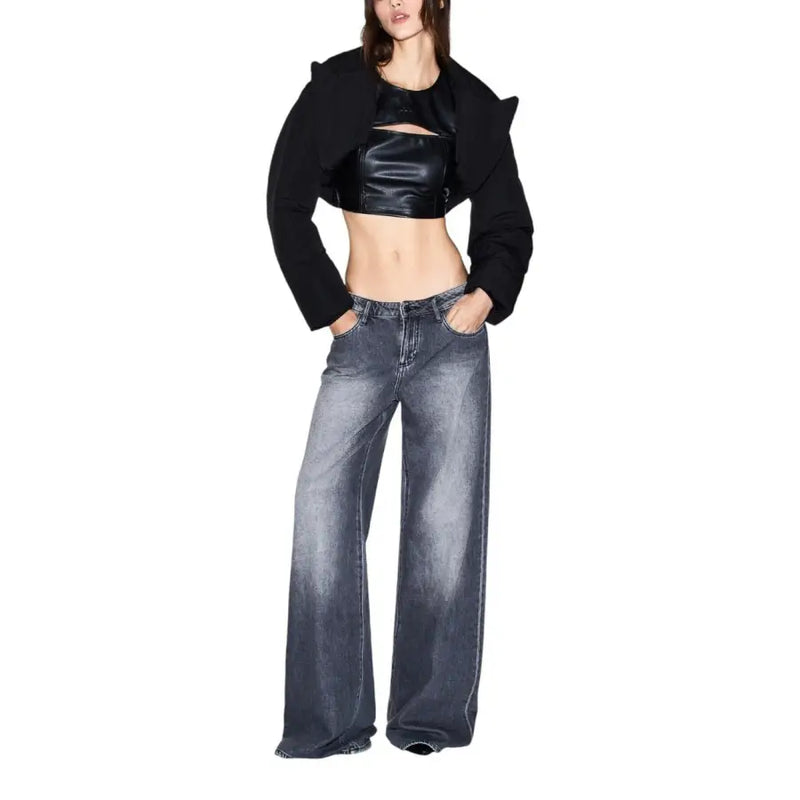 Wide-leg armani exchange women grey cotton jeans with faded dark wash and subtle thigh distressing for fall winter