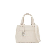Armani Exchange women handbag in beige cream-colored leather with subtle texture and silver-toned logo plaque