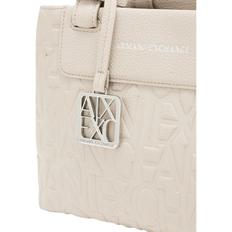 Cream-colored armani exchange women handbag tote bag in beige polyester with embossed logo pattern and silver-tone charm
